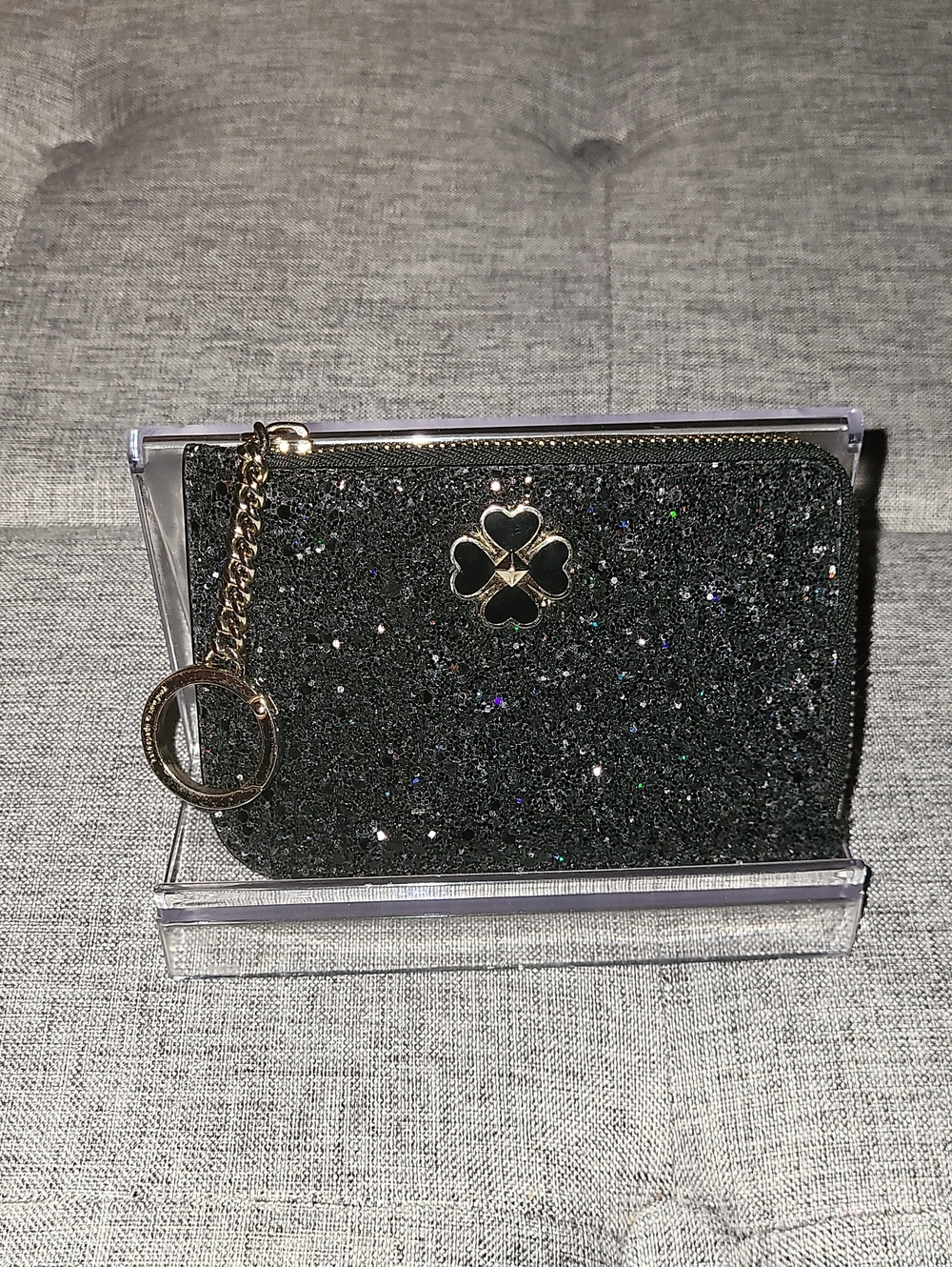 kate spade Black Glitter Zip Card Holder with Gold Clover Charm